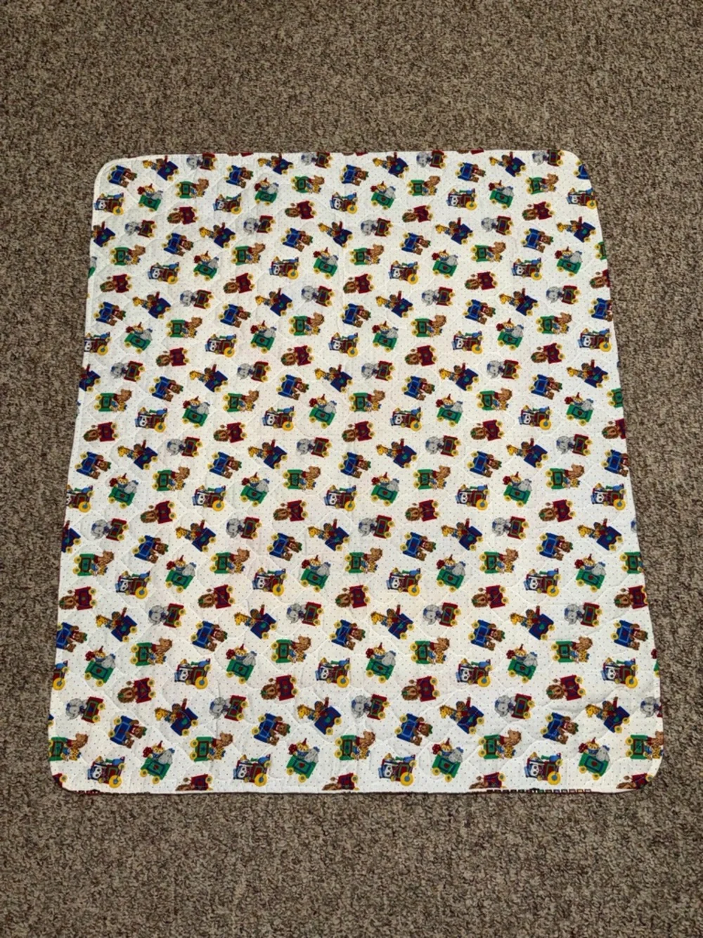 Vintage Children's Light Blue Train Animal baby toddler Quilt bedding‎ crib